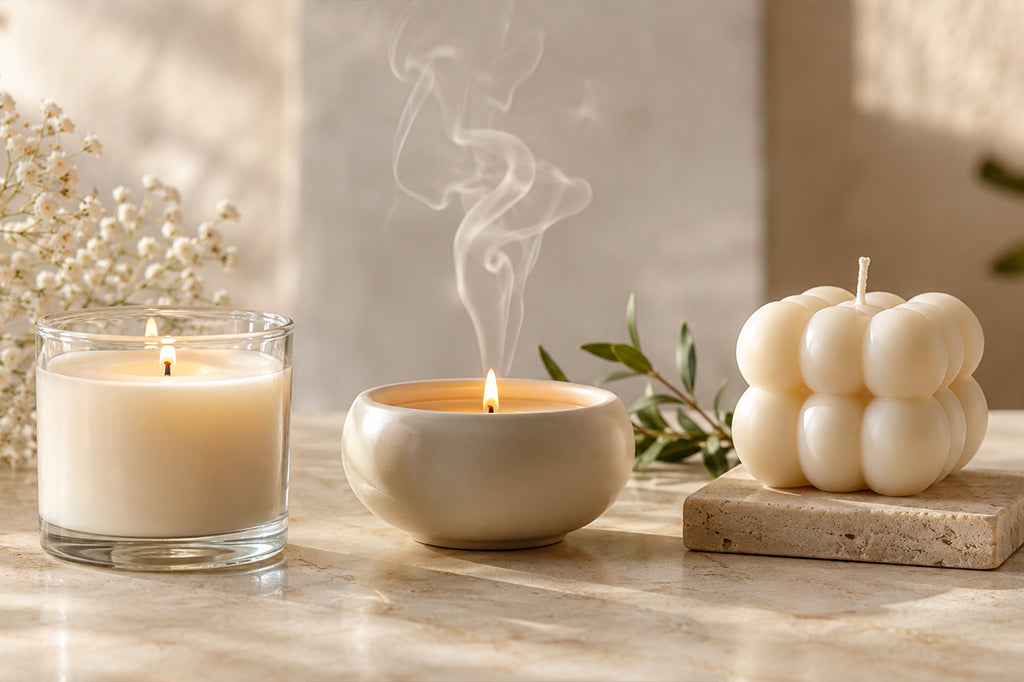 Três velas em composição elegante, representando vela aromática, vela perfumada e vela decorativa em ambiente clean e aconchegante.