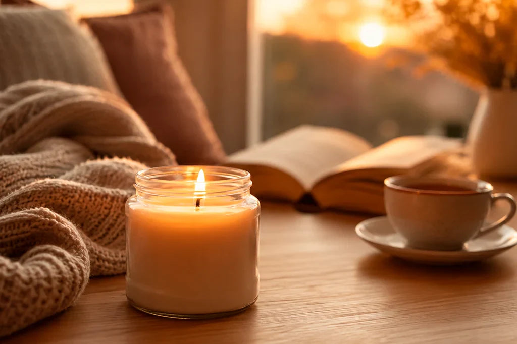 Vela aromática acesa em ambiente aconchegante com livro, chá e iluminação suave para relaxar.