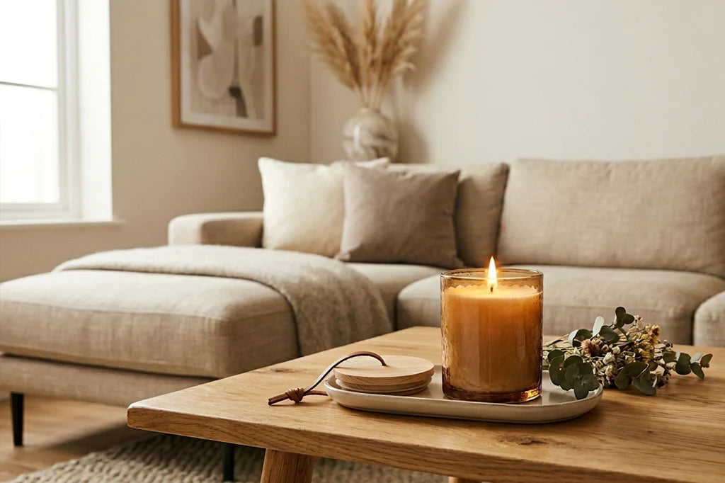 vela aromática em mesa de centro perfumando a sala