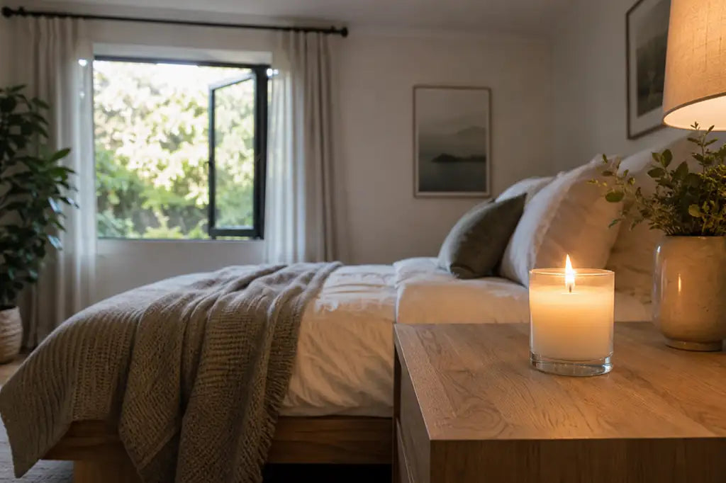 Vela aromática acesa em quarto aconchegante com iluminação suave e atmosfera relaxante.