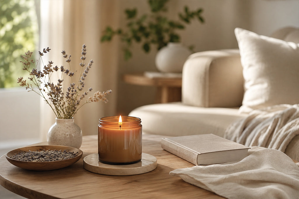 Vela aromática acesa em ambiente acolhedor com decoração neutra, representando aromaterapia em casa e bem-estar.