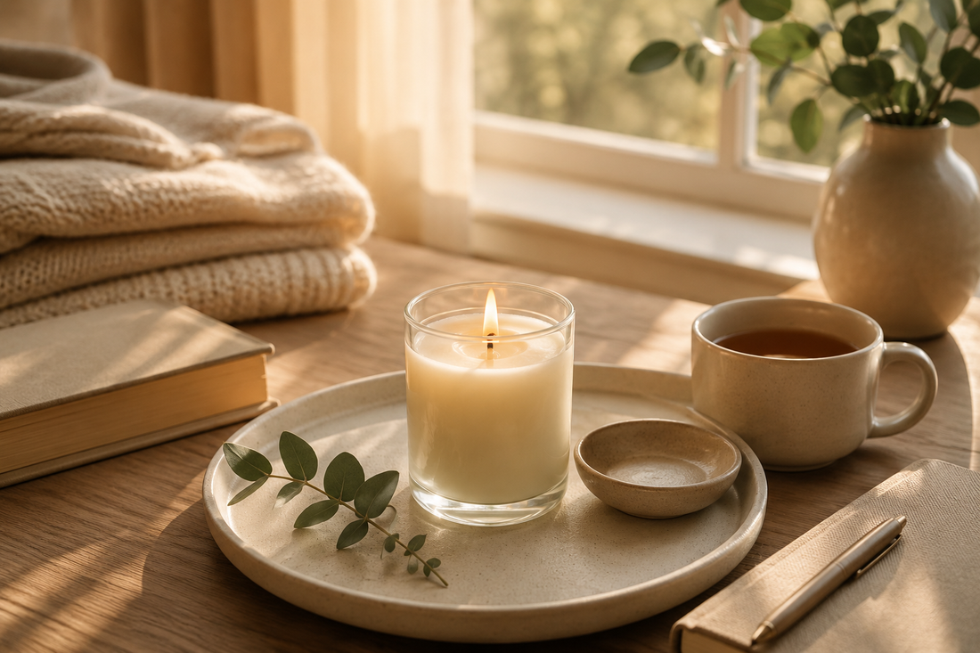 Vela aromática acesa em ambiente acolhedor com livro, manta e luz quente, representando ritual de relaxamento em casa.