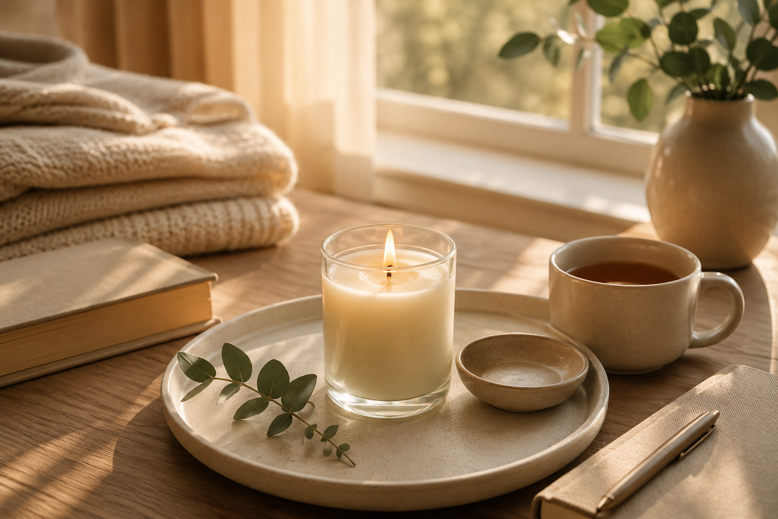 Vela aromática acesa em ambiente acolhedor com livro, manta e luz quente, representando ritual de relaxamento em casa.