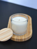 vela aromatica perfumada aroma baunilha copo vidro transparente reutilizavel com tampa de madeira